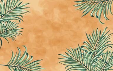 Fototapeta na wymiar Abstract brown background with decorative tropical palm leaves.