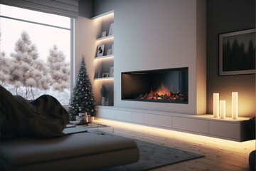Fireplace in a living room in modern style with Christmas decorations. modern. luxury.