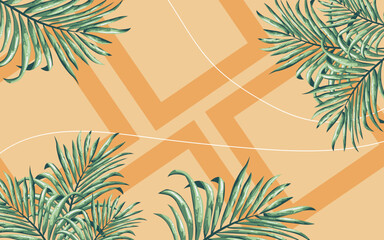 Fototapeta na wymiar Abstract brown background with decorative tropical palm leaves.