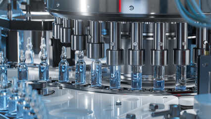 Close-up of Medical Ampoule Production Line at Modern Modern Pharmaceutical Factory. Glass Ampoules...