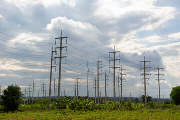 A group of natural energy electric poles produced from wind turbines. Ideas to reduce global warming.