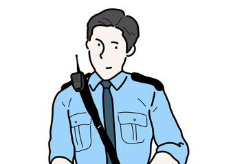 警察、警備員の制服姿の男の人。