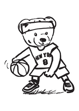 Hand drawn vector illustration of bear playing basketball. Coloring book or page and tshirt with outline brush style