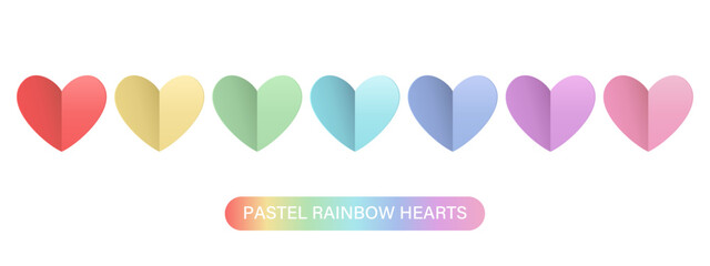 Set of paper cut hearts in pastel rainbow colors.