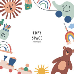 Obraz premium Eco toys doodle composition, square template with copy space, vector arrangement with lion, teddy bear, rainbow, colored pensils, scandi nursery, good for card, poster design
