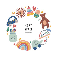 Eco toys icons composition, square template with copy space, vector arrangement with lion, teddy bear, arch stacker, colored pensils, scandi nursery, good for card, poster design