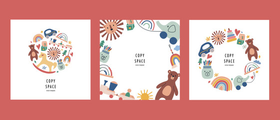 Fototapeta na wymiar Scandi eco toys template collection, square compositions with copy space, vector arrangements with teddy bear, rocking horse, arch stacker, good for card, poster design