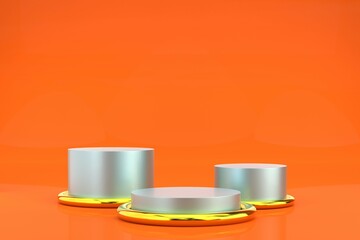 3D RENDERING ILLUSTRATION. Podium stand geometric presentation products display decoration luxury metallic gold silver design with lights. Abstract commercial stage table scene showcase background.