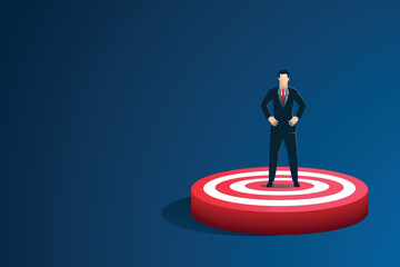 Businessman standing on Target landing page.Vector illustration