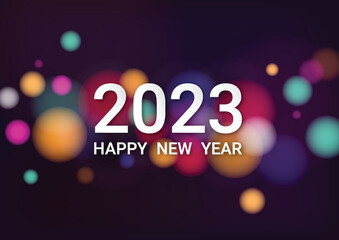 Happy new year 2023 with colorful bokeh and defocused lights style background. Vector illustration