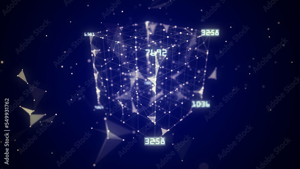 Poster Technology blockchain concept. Visualization of the dynamic flow of the cryptocurrency industry. Big data flow connections. Network connection structure. 3D Rendering.