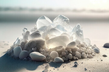 Quartz and stones composition for healing and meditation on a beach, outdoor.