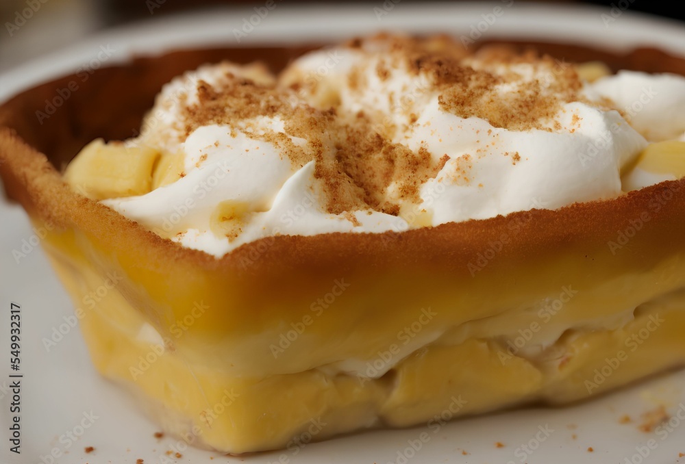 Poster Closeup shot of banana cream pie in white plate with blur background