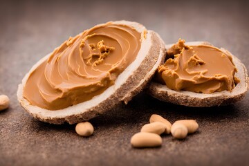 Closeup shot of breakfast peanut butter round toasts with blur background