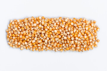  corn kernels : Close-up of organic yellow corn seed, Dried corn kernels on white background, top view