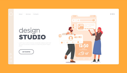 Design Studio Landing Page Template. Designer Characters Working On Website Or Application. Ui Ux Application Design