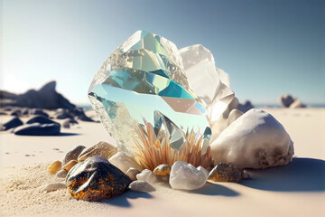 Quartz composition for healing and meditation on a beach, outdoor.