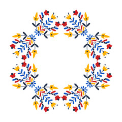 Bright vintage frame for greeting card and invitations. Floral border. Square shape template with empty space for text. Simple retro flowers and leaves placed in a circle