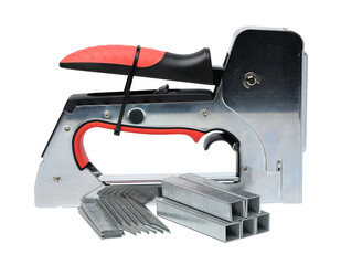 Household manual stapler and staples on a white background