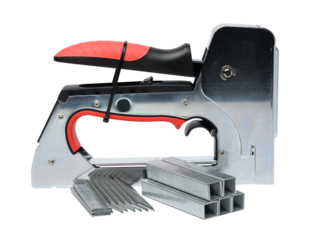 Household manual stapler and staples on a white background