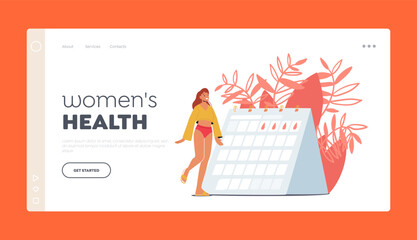 Women Reproductive Health Landing Page Template. Female Character Look At Calendar with Blood Drops Vector Illustration