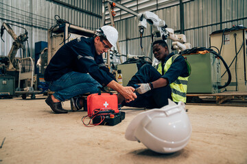 Mature foreman in workwear giving first aid to staff suffering after working injury in industrial factory, Injury at work. 