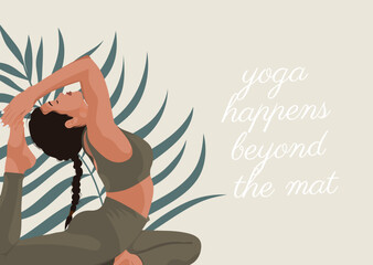Banner template with woman doing yoga poses. Female character practicing meditation and stretching. Motivational, Inspirational quote on background. Vector illustration