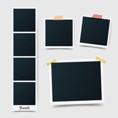 Different size of set Polaroid photo picture frames on gray background. Photo booth, instant photos mockup glued with color adhesive tape. Photo template for Scrapbook. Vector illustration