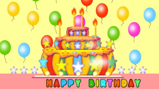 Animation, happy birthday, four years,
There is a cake on the table, candles are burning, balloons are flying.