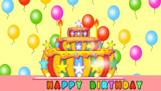 Animation, happy birthday, two years,
There is a cake on the table, candles are burning, balloons are flying.