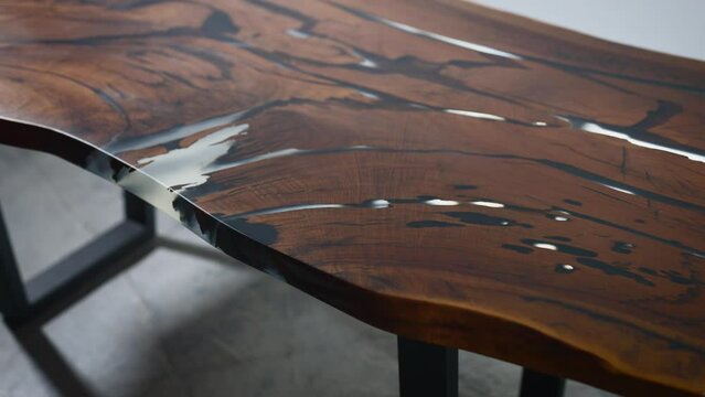 Luxury kitchen table made of wood slab and epoxy resin. Premium and exclusive furniture