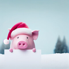 3d illustration pink piggy bank with christmas santa hat with a white sign.animal holiday, saving money finance concept.