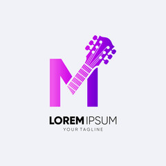 Letter M Guitar Logo Design Vector Art Icon Graphic Illustration Emblem 