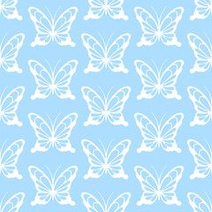 White lace butterflies on pastel blue background. Vector seamless pattern. Best for textile, print, wallpapers, and wedding decoration.