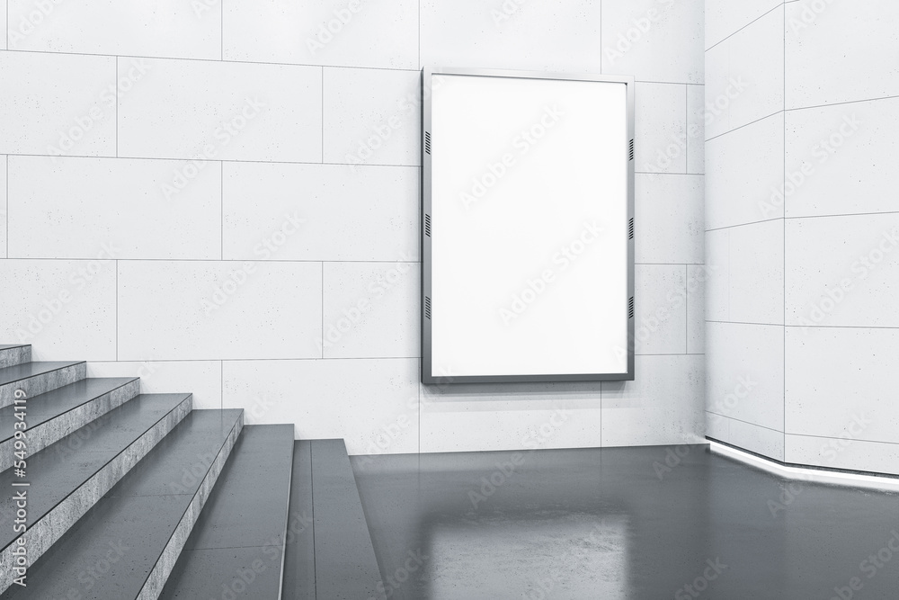 Poster Empty white mock up frame in underground with stairs. Commercial ad concept. 3D Rendering.