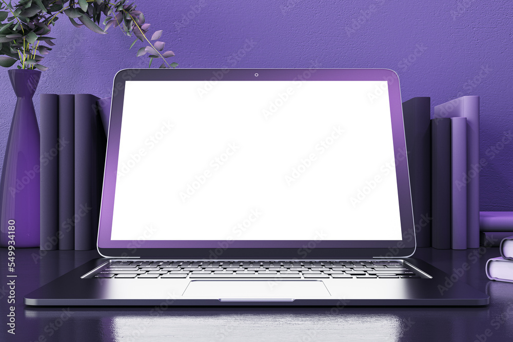 Leinwandbilder Contemporary purple designer desktop with empty mock up computer monitor and books. 3D Rendering.