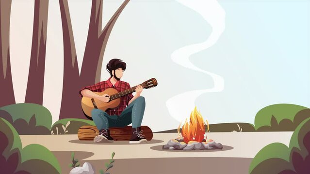 Man with guitar sitting by campfire in the forest. Summertime camping, traveling, trip, hiking, camper, nature, journey concept. Animation video
