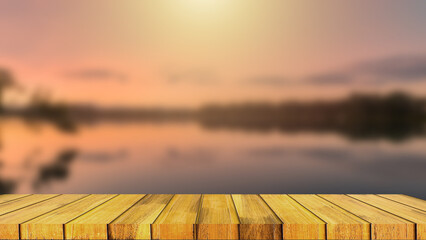 A modern solid timber outdoor table setting contrasts background of broad coastal river scenery...