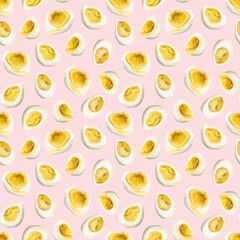 Watercolor seamless pattern with boiled eggs halfs on light pink background. Hand-drawn yellow yolk, creative food meal