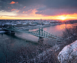 Wonderful sunrise over Budapest with the iconic Liberty Bridge