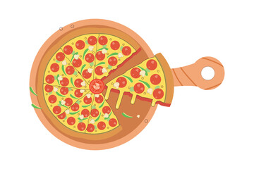 Pizza with slices on culinary board design
