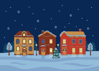 Fototapeta premium Winter night landscape houses decorated garland outside with fir tree, doodle style. Hand drawn snowy building interior with spruce. Winter holiday and celebration. Vector illustration