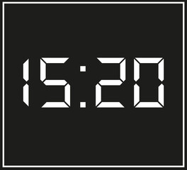 15:20 Digital clock showing time. Simple black and white vector with time stamp for appointments and taskst