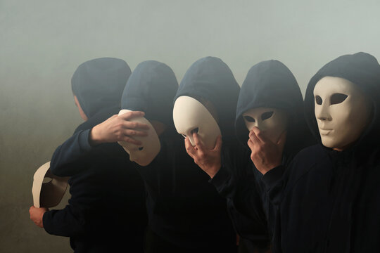 surreal duplicate man with mask, concept of identity crisis with various personalities