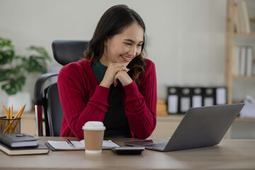 Happy smiling woman working at table office, Working woman concept.