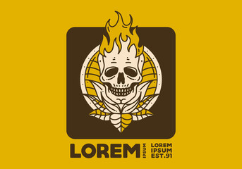 Vintage art illustration of a skull with fire