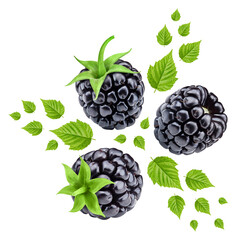 Isolated blackberry. Fresh organic blackberry with leaves isolated clipping path. Pomegranate macro studio photo.