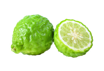 fresh bergamot or kaffir fruit with leaf isolated on transparent png