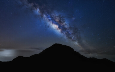 Mountain silhouettes in the night, Amazing  blue night sky milky way, star, constellation on dark background.Universe filled with stars, nebula and galaxy with noise and grain.