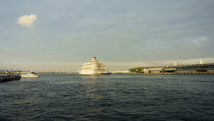 Japan, Kanagawa Prefecture. Cruise ship Asuka II departed from the port of Yokohama